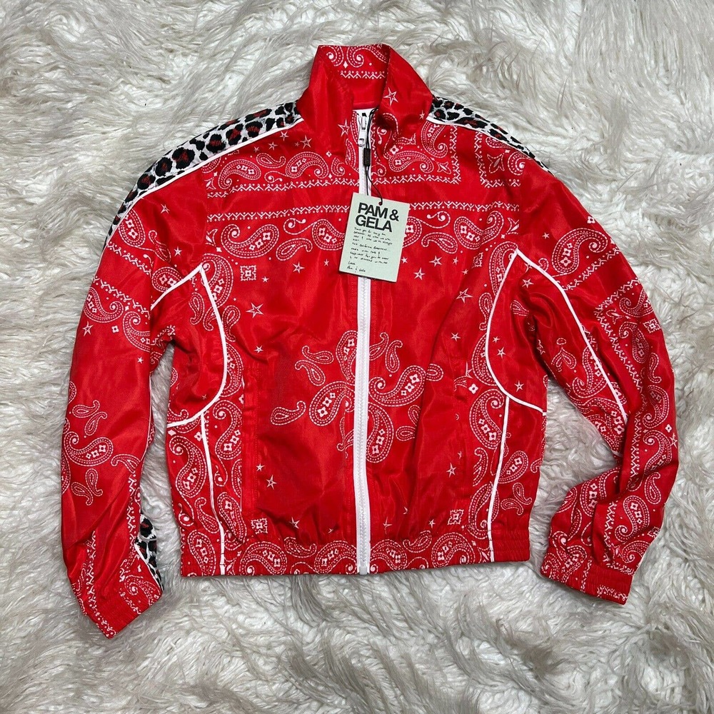 PAM AND GELA BANDANA LEOPARD PRINT CROP TRACK JACKET SIZE P